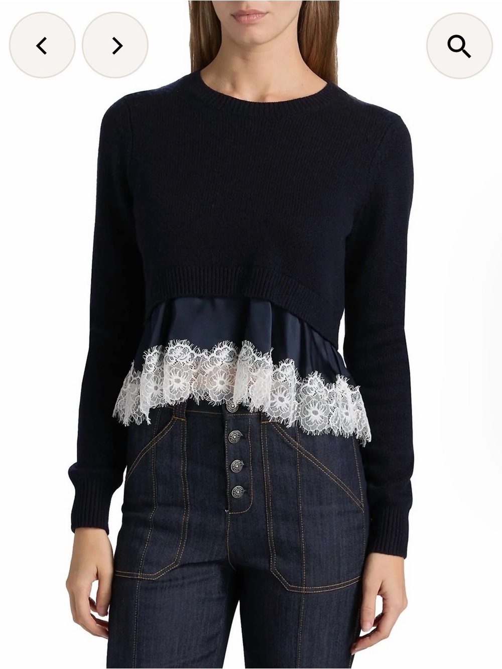 cinq a sept Navy Sweater with White Lace Trim